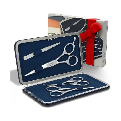 Beard & Mustache Trimming kit with Beard Scissors, Mustache Scissors, Facial Hair Scissors, Grooming Scissors, Ear Scissors, Nose Scissors, Eyebrow Scissors, and Tweezer Men, ( 4 Pcs Blue )