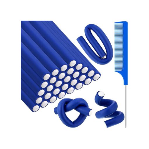 30 Pieces Flexible Curling Rods Twist Foam Hair Rollers Soft Foam No Heat Hair Rods Rollers and 1 Steel Pintail Comb Rat Tail Comb for Women Girls Long and Short Hair ( Dark Blue, 9.45 x 0.55 Inch )