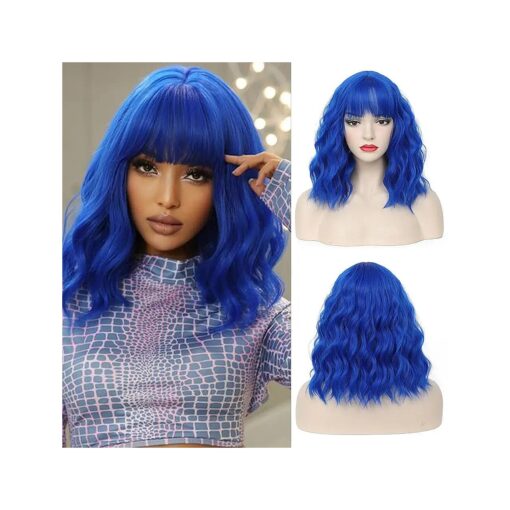 CLIONE Dark Blue Wigs for Women Cosplay Wig Short Wavy Bob Wigs Women Girl 's Synthetic Wig Blue Wig with Bangs Shoulder Length Natural Wavy Colored Wigs For Daily Party Use Halloween Costume Wigs 14"