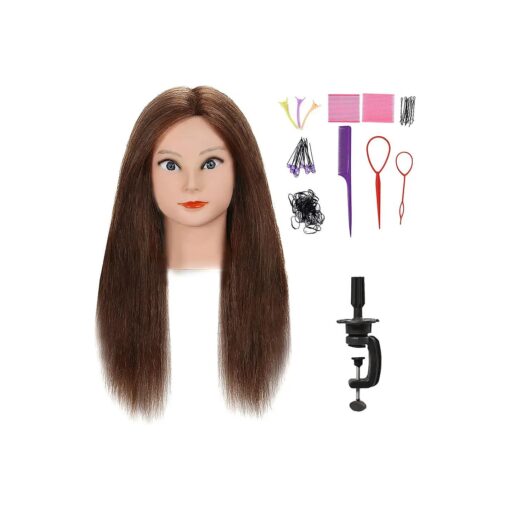 18" 100 % Human Hair Real Mannequin Head with Training Stand, Hairdressers ' Cosmetology Practice Doll Manikin Head for Hairstyling and Braid with Free Table Clamp Tools - # 4 Dark Brown