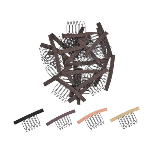 24 Pcs Wig Combs to Secure Wig 6-Teeth Wig Comb Wig Clips with Cloth for Making Wig Caps Wigs ( Dark Brown )