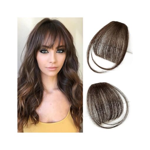 Bangs Hair Clip in Bangs for Women 100 % Human Hair Wispy Bangs Fringe with Temples Hairpieces Clip on Air Bangs Flat Neat Bangs Hair Extension for Daily Wear ( Dark Brown )