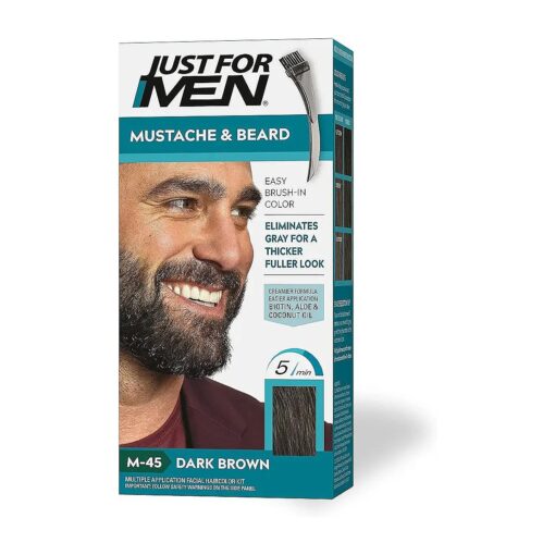 Just For Men Mustache & Beard, Beard Dye for Men with Brush Included for Easy Application, With Biotin Aloe and Coconut Oil for Healthy Facial Hair - Dark Brown, M-45, Pack of 1