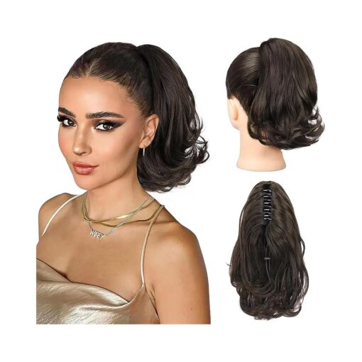 KooKaStyle Ponytail Extension, 10" Short Claw Clip in Pony Tails Hair Extensions Curly Wavy Synthetic Drawstring Ponytail Hair pieces for Women Girls Dark Brown