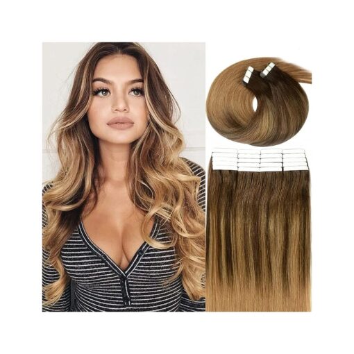 20 Inch Caliee Remy Tape in Hair Extensions Human Hair Bronde Balayage B # 4/27 Dark Brown Fading to Strawberry Blonde Real Human Hair Extensions 50g/20pcs