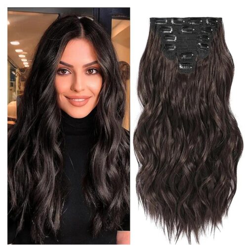 Clip in Hair Extensions, 6 PCS Natural & Soft Hair & Blends Well Hair Extensions, Dark Brown Long Wavy Hairpieces ( 20inch, 6pcs, Dark Brown )