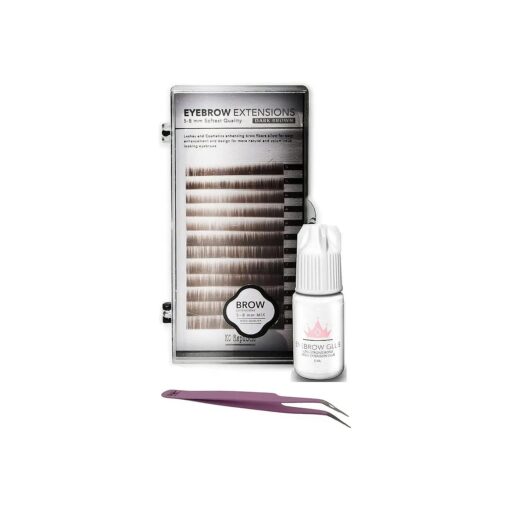 Eyebrow Extensions Kit with 1 x Trays of Mink Eyebrows in Dark Brown Comes on Mixed Length Trays 5-8 mm Mix, Eyebrow Extension Glue Clear & Extension Tweezers ( Dark Brown, Violet Tweezer )