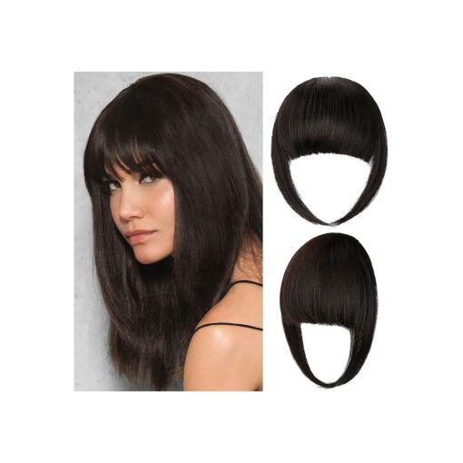 Bangs Hair Clip in Extensions French Bang Natural Full Fake Bangs Straight Fringe Hairpieces with Temples for Women Daily Wear Wigs Dark Brown