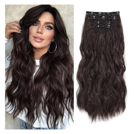 Clip in Hair Extensions 4PCS Clip in Long Soft Waves Hair Extensions 20Inch Synthetic Fiber Double Weft Thick Hairpieces For Women - Dark Brown