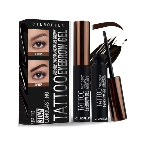 Cilrofelr Tattoo Peel Off Eyebrow Gel Tint, Semi Permanent Tattoo Brow Peel Off Tint Gel, Last Up to 3 Days, Waterproof, Transfer-proof, For Fuller & Defined Looking Brows, Dark Brown ( 2 Pack )