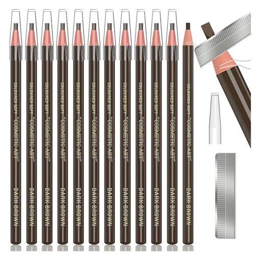 12 Piece Dark Brown Colour Waterproof Eyebrows Pencil Tattoo Makeup And Microblading Supplies Kit-Permanent Eye Brow Liners In Waterproof Eyebrow Pencils Peel - Brow Pencil Set For Marking ( Dark Brown )