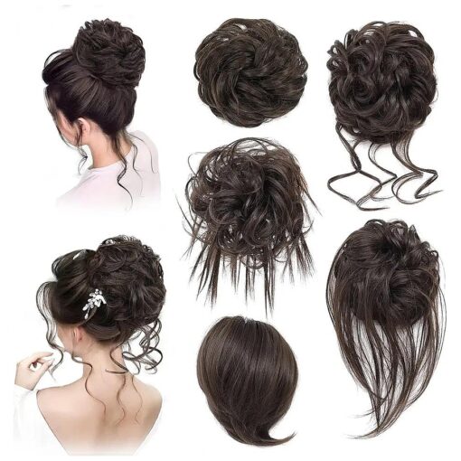 Messy Hair Bun Hair Piece for Women Short Bun Tousled Synthetic Elastic Scrunchies Hairpiece for Women Girls ( 1-5pcs, 6 # -Dark Brown ) ...