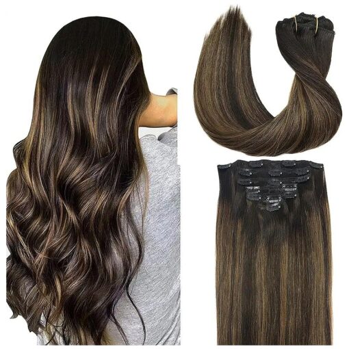 GOO GOO Clip in Hair Extensions Real Human Hair, 18inch 120g 7Pcs, 2/6/2 Balayage Dark Brown to Chestnut Brown, Remy Human Hair Extensions Clip ins for Women, Natural Human Hair