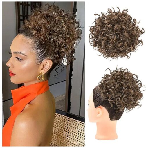 HOOJIH Curly Hair Bun, Elastic Drawstring Loose Wave Messy Bun 1PCS Large Full Hair Bun Extension Hairpiece Short Synthetic Ponytail Extension for Women - Dark Golden Brown