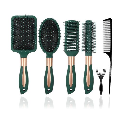 Mens Paddle Hair Brush Comb Set for Women and Men 6 Pcs Wet Hair Brushes for long Hair No Tangle Hair Brush for Curly or Straight Hair ( Dark Green )