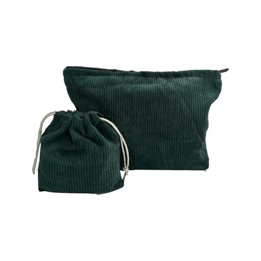 2 Pieces Cosmetic Bags Vintage Corduroy Makeup Bag and Coin Card Pouch Toiletry Bag Organizer Storage Bag for Women Dark Green