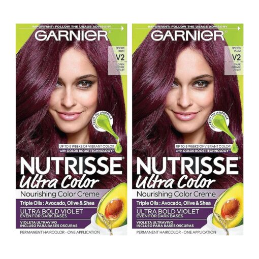 Garnier Hair Color Nutrisse Ultra Color Nourishing Creme, V2 Dark Intense Violet ( Spiced Plum ) Purple Permanent Hair Dye, 2 Count ( Packaging May Vary )