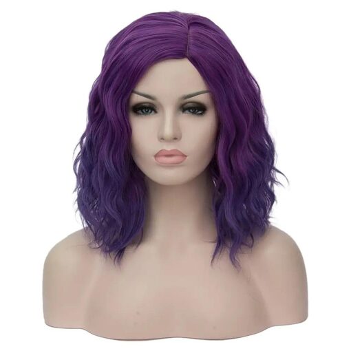 14" Women Short Dark Purple Kinky Straight Cosplay Synthetic Wigs With Air Bangs 46 Colors Available ( Ombre Dark Purple )