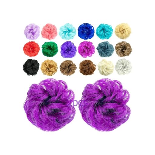 2pcs Messy Bun Hair Piece Scrunchie Hair Bun Hair Pieces for Women Girls Elastic Rubber Band Curly Wavy Synthetic Hair Bun Scrunchies Ponytail Extensions ( Dark Purple )