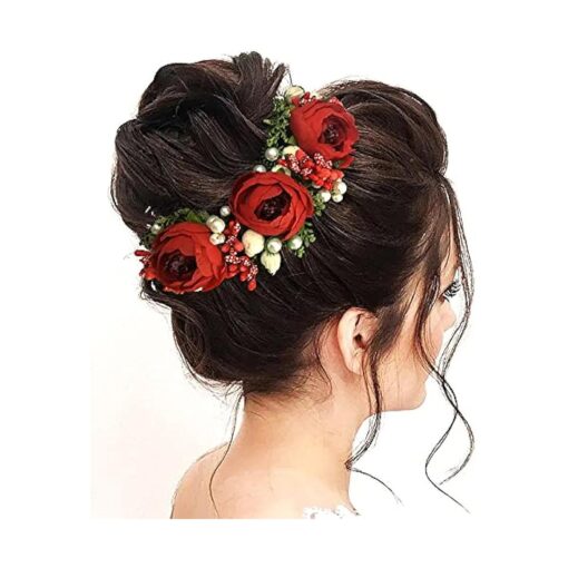 2170 Artificial Flowers Women Hair Accessories Hair Pins For Wedding, Anniversary- Dark Red