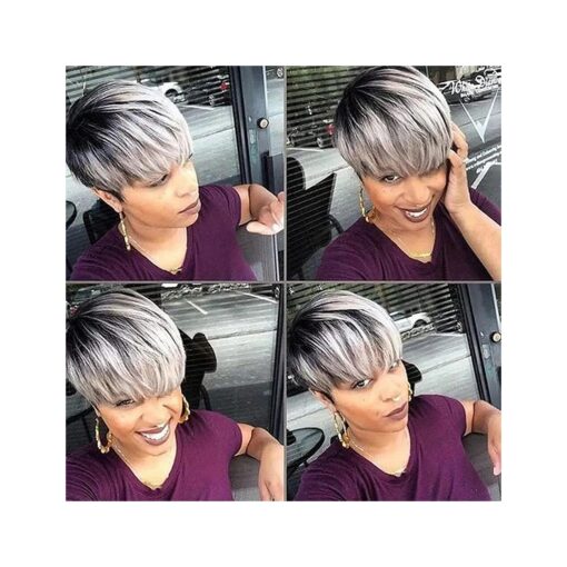 Divine Hair Short Ombre Gray Synthetic Wigs For Black White Women, Black gray with dark roots