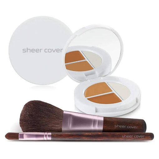 Sheer Cover - Flawless Face Kit - Perfect Shade Mineral Foundation - Conceal & Brighten Highlight Trio - with FREE Foundation Brush and Concealer Brush - Dark Shade - 4 Pieces