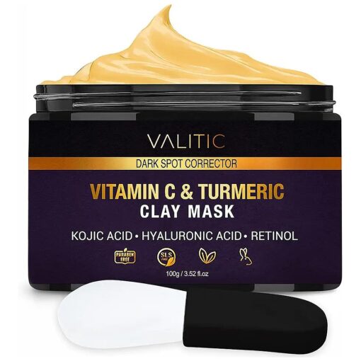 VALITIC Vitamin C & Turmeric Clay Mask - Dark Spot Corrector with Kojic Acid, Hyaluronic Acid & Retinol - Skin Care Routine for Minimizing Pores & Blackheads - with Applicator Brush - 100g