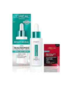 L'Oreal Paris Bright Reveal 12 % [ Niacinamide + Amino Sulfonic + Ferulic ] Dark Spot Serum 1oz + Moisturizer Sample