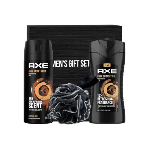 Father 's Day Axe Gift Set for Men, Includes Dark Temptation Body Wash, Axe Men Dark Temptation Deodorant Spray and Mens Shower Loofah in Gift Box for Boyfriend Him Dad Fathers Man