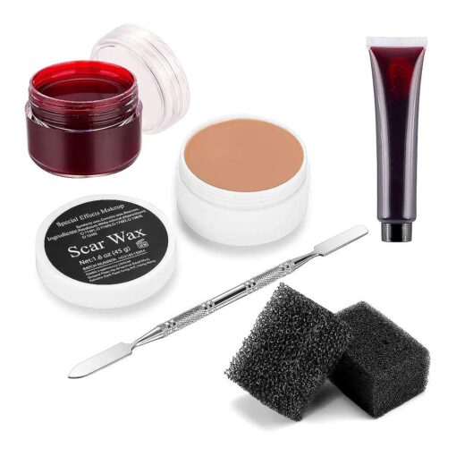 Fake Blood Sfx Makeup Kit Scar Wax ( 1.6 Oz ) with Scab Coagulated Blood Gel, Spatula Tool Cosmetics Mixer, Stipple Sponge, Professional Halloween Fake Wound Skin Wax for Darker Skin Tone