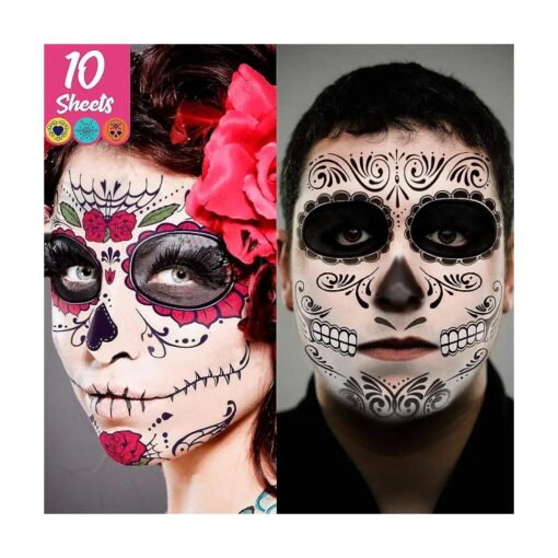 Day of the Dead Face Tattoos Skeleton, dia de los muertos makeup Day of the Dead Makeup, Skeleton Sugar Skull Face Tattoo Kit, Halloween Makeup Skeleton Tattoos Temporary, Glitter Red Roses Face Body