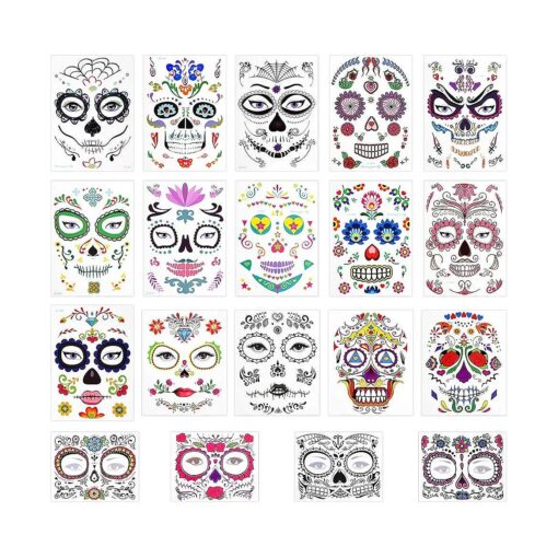 3 otters Halloween Temporary Face Tattoos, 19PCS Sugar Skull Face Tattoos Day of the Dead Temporary Face Tattoos Skeleton Face Stickers for Party Favor Supplies