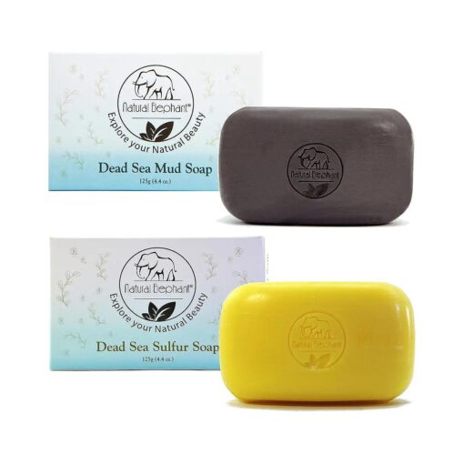 Natural Elephant Dead Sea Sulfur Soap 4.4 oz with Dead Sea Salt, Aloe Vera, Sulphur Face and Body Cleanser Bar for All Skin Types ( 1 Sulfur Soap + 1 Mud Soap ( 2 Bars Total ) )