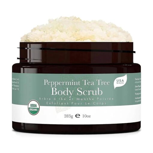 Peppermint Tea Tree Organic Body Scrub - USA Made Sugar Scrub with Natural Ingredients, Moisturizing Body & Foot Exfoliator for Dry and Sensitive Skin, Removes Dead Skin Cells & Reduces Ingrown Hair