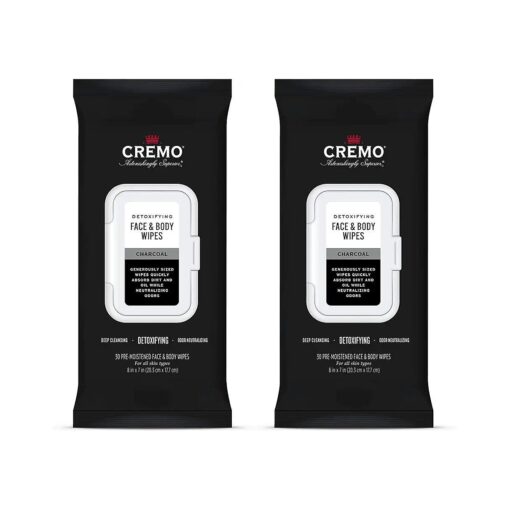 Cremo Activated Charcoal Detoxifying Face & Body Wipes, A Fresh Scent with Notes of Fig, Citrus, 1 Count