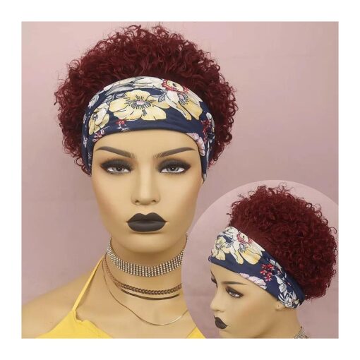 Short Curly Headband Wig Human Hair Burgundy Pixie Bob Human Hair Wigs Glueless Short Curly Wigs for Black Women Deep Kinky Curly Wine Red ( 99J-6inch )