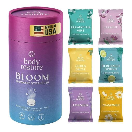 Body Restore Shower Steamers Aromatherapy 6 Packs - Fathers Day Dad Gifts, Relaxation Birthday Gifts for Women and Men, Stress Relief and Effortless Self Care, Bloom Variety Scent Shower Bombs