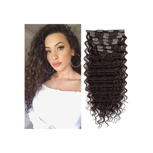 FASHION LINE Synthetic Curly Clip in Hair Extensions Double Weft Full Head Heat Resistance Deep Wave Clip In 7 Pieces ( 24" Deep Wave, 4 Chocolate Brown )