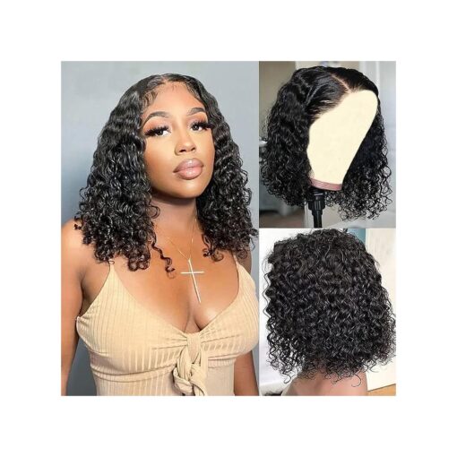 Wear and Go Glueless Wigs Human Hair Pre Plucked Pre Cut Deep Wave Curly Bob Wig Human Hair Lace Front Wigs for Black Women 4x4 Lace Closure Human Hair Bob Wigs Glueless 10 Inch