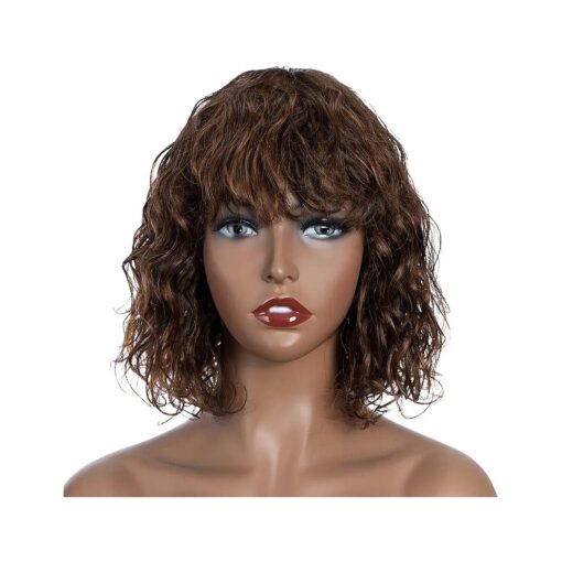 FASHION IDOL Bob Curly Human Hair Wig with Bangs for Black Women 10" Deep Wave Brazilian Virgin Human Hair Short Brown Water Wave Wig 150 % Density