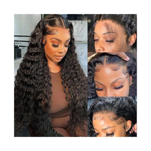 13x6 Deep Wave Lace Front Wigs Human Hair 180 % Density HD Transparent Lace Frontal Wigs for Women Glueless Wigs Deep Curly Wigs with Baby Hair 28 Inch