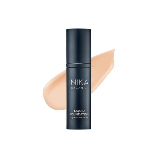 INIKA Organic Full Coverage Liquid Foundation Makeup with Hyaluronic Acid and Argan Oil, Vegan and Organic Foundation for Skin Elasticity and Plumpness, Natural Coverage, Nude, 30ml