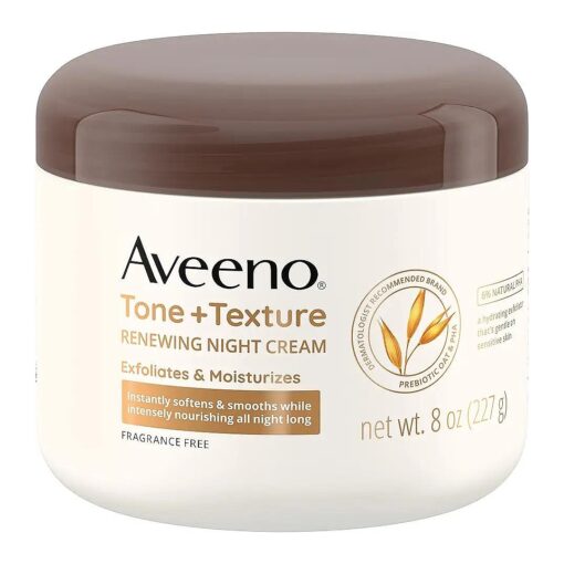 Aveeno Tone + Texture Renewing Body Night Cream With Prebiotic Oat, Gently Exfoliates & Moisturizes Sensitive Skin, Instantly Softens & Smooths & Intensely Nourishes, Fragrance-Free, 8 oz