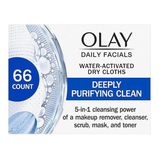 Olay Daily Facials, Deeply Purifying Clean, 5-in-1 Cleansing Wipes with Power of a Makeup Remover, Scrub, Toner, Mask and Cleanser, 66 Count