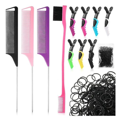 12 Pieces Rat Tail Combs Hair Clips Set,3 Rat Tail Combs 7 Alligator Hair Clips Pin Rat Tail Teasing Parting Combs and Mini Rubber Bands, Hair Styling Braiding Comb for Women Girls ( Delicate Color )