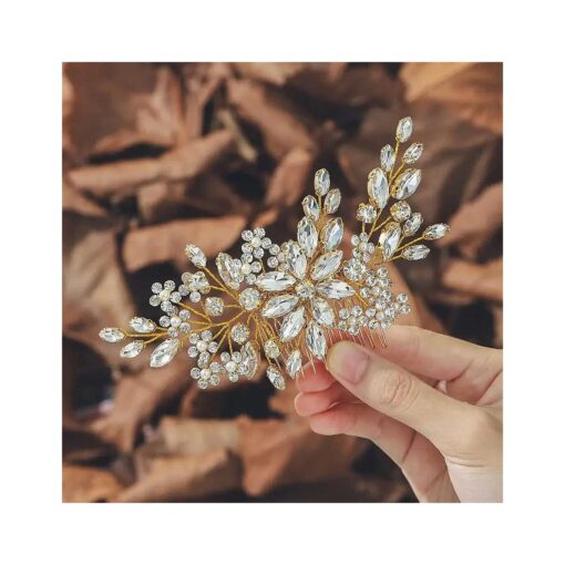 Unsutuo Crystal Bride Wedding Hair Comb Silver Rhinestone Flower Bridal Hair Pieces Pearl Wedding Hair Accessories for Women and Girls ... ( Gold )