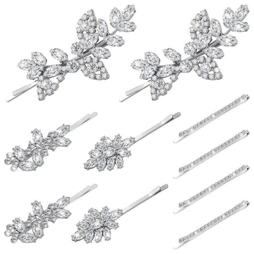 10 Pieces Rhinestone Wedding Hair Clips Bridal Hair Pins Crystal Bobby Pins Silver Hairpin Barrette Leaf Flower Wedding Elegant Hair Accessories for Bride Women and Girls ( Rhinestone style )