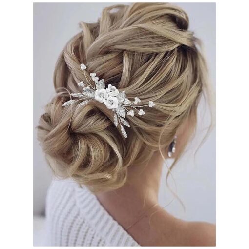 Latious Flower Bride Wedding Hair Comb Leaf Bridal Side Comb Sparkly Crystal Hair Piece Pearl Hair Accessorie for Women and Girls ( Silver )