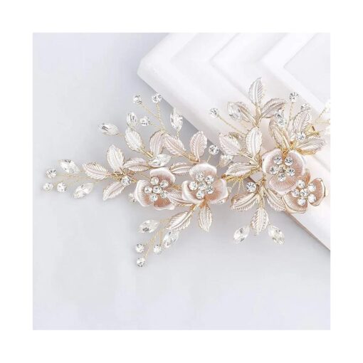 SWEETV Light Rose Gold Wedding Clip Rhinestone Bridal Comb Barrette - Handmade Flower Clip Head Pieces for Women