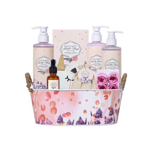 Spa Gift Baskets for Women, Bath Set for Women Gift - Body & Earth 10 Pcs Gifts Set with Rosewater & Lavender, Includes Bubble Bath, Body Lotion, Shower Gel, Home Spa Kit Gift for Her